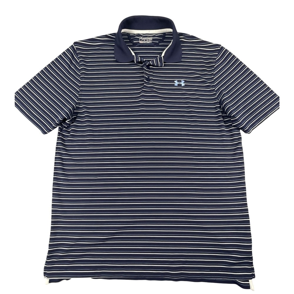 Under Armour Polo Shirt Mens L Navy Blue Striped HeatGear Loose Fit Short Sleeve